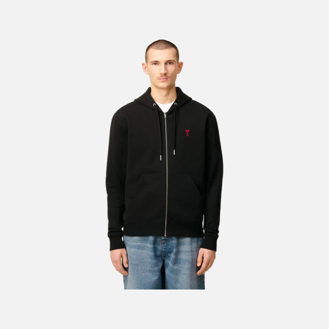 AMI Paris Cotton AMI De Coeur Zipped Hoodie Black