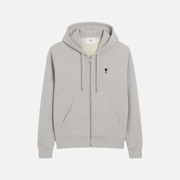 AMI Paris Cotton AMI De Coeur Zipped Hoodie Grey