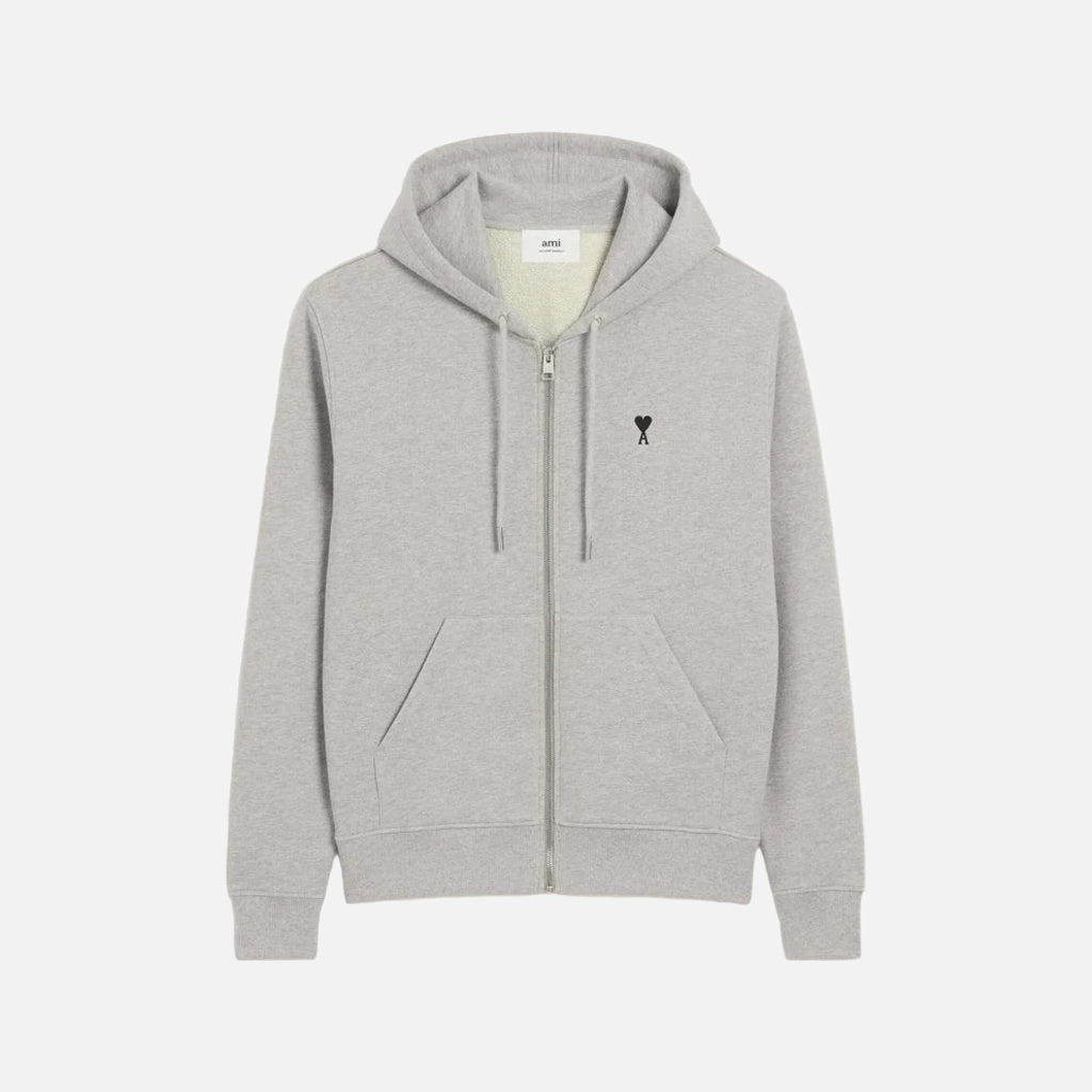 AMI Paris Cotton AMI De Coeur Zipped Hoodie Grey