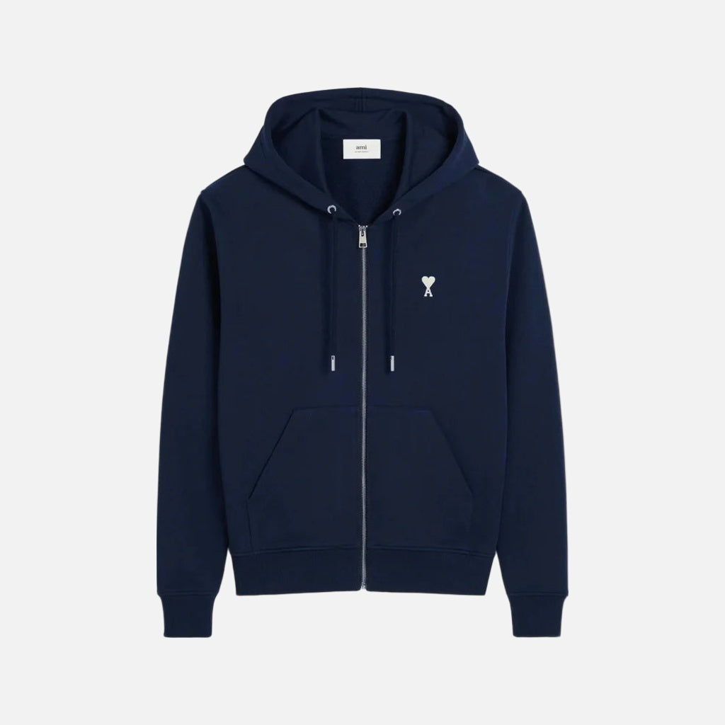 AMI Paris Cotton AMI De Coeur Zipped Hoodie Navy