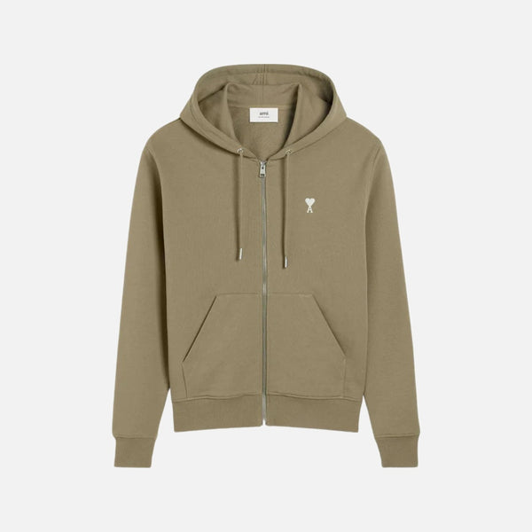 AMI Paris Cotton AMI De Coeur Zipped Hoodie Olive Green
