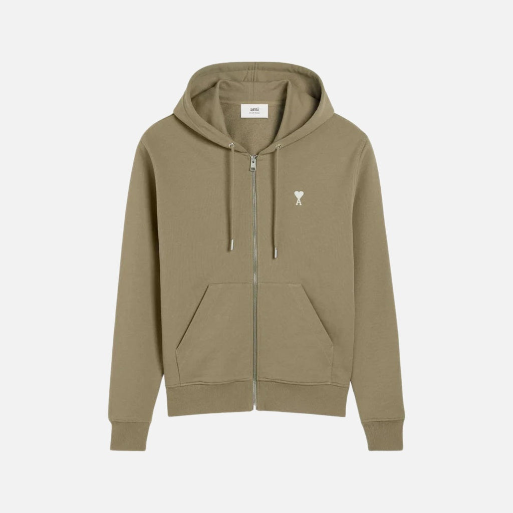 AMI Paris Cotton AMI De Coeur Zipped Hoodie Olive Green