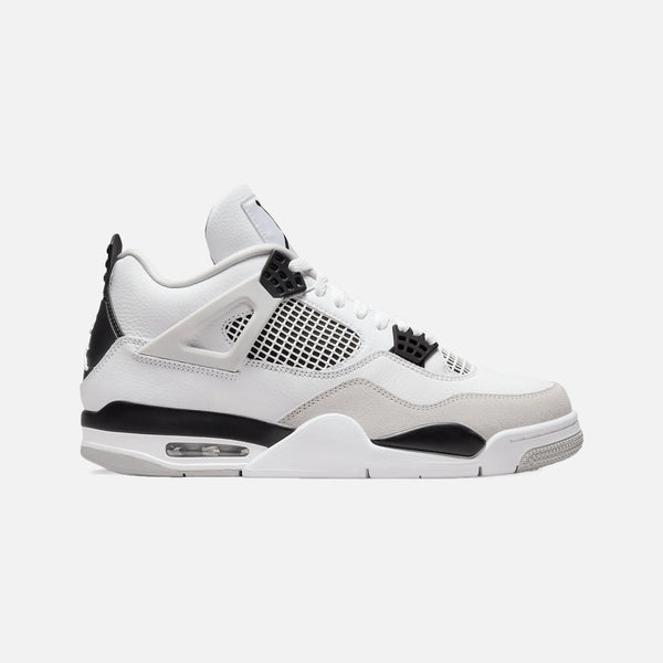 Air Jordan 4 Retro Military Black sneaker in white leather with grey suede overlays and black accents