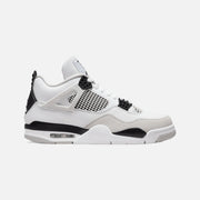 Air Jordan 4 Retro Military Black sneaker in white leather with grey suede overlays and black accents