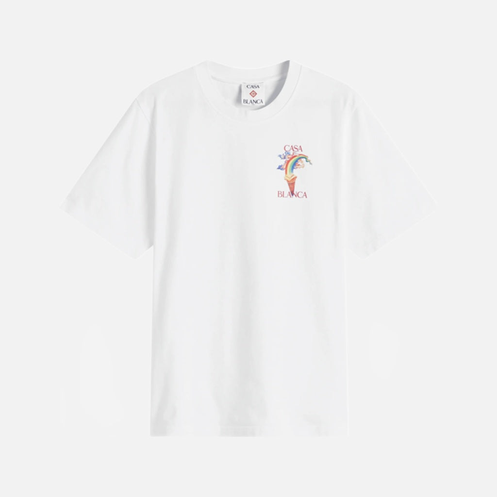 White Casablanca Nature teacher T-shirt with colorful logo design