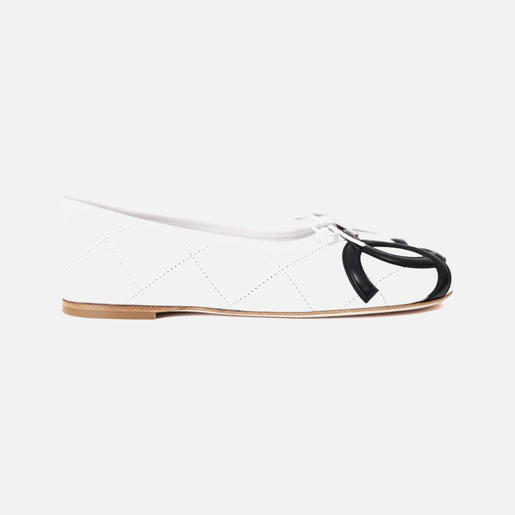 Chanel 2026 Coco Beach Cambon White and Black CC Logo Ballet Flats in Lambskin