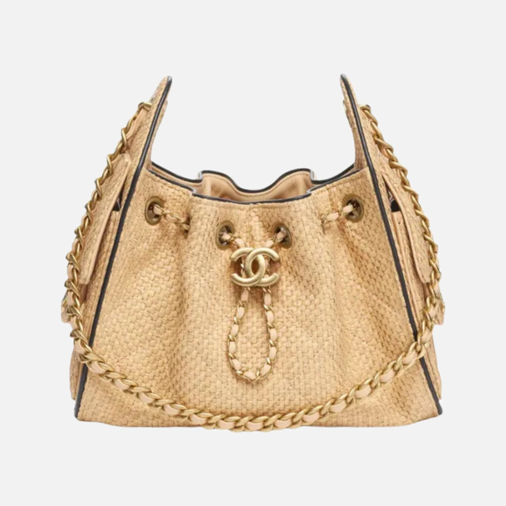 Chanel 25 Mini Handbag Braided Raffia, Calfskin & Gold-Tone Metal Beige & Black