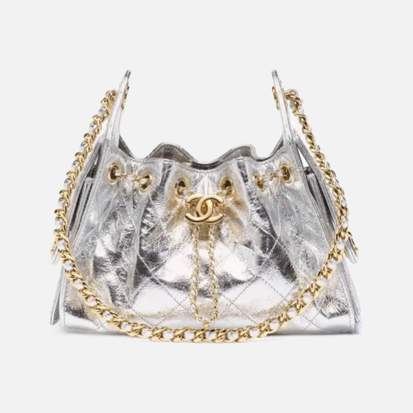 Chanel 25 Mini Handbag in Metallic Calfskin & Gold Metal Silvery