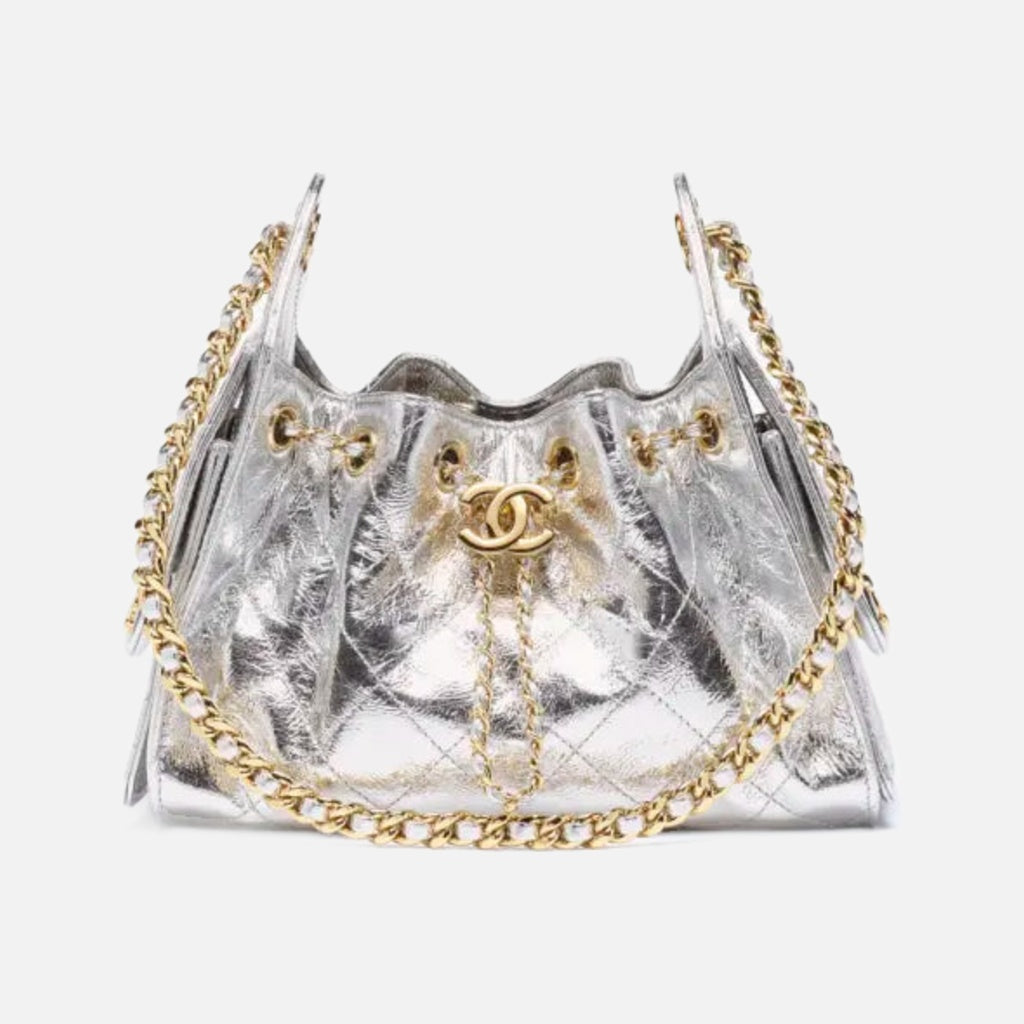 Chanel 25 Mini Handbag in Metallic Calfskin & Gold Metal Silvery