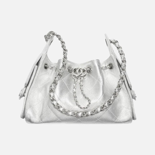 Chanel 25 Mini Handbag Metallic Grained Calfskin & Gold Metal Silver