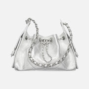 Chanel 25 Mini Handbag Metallic Grained Calfskin & Gold Metal Silver