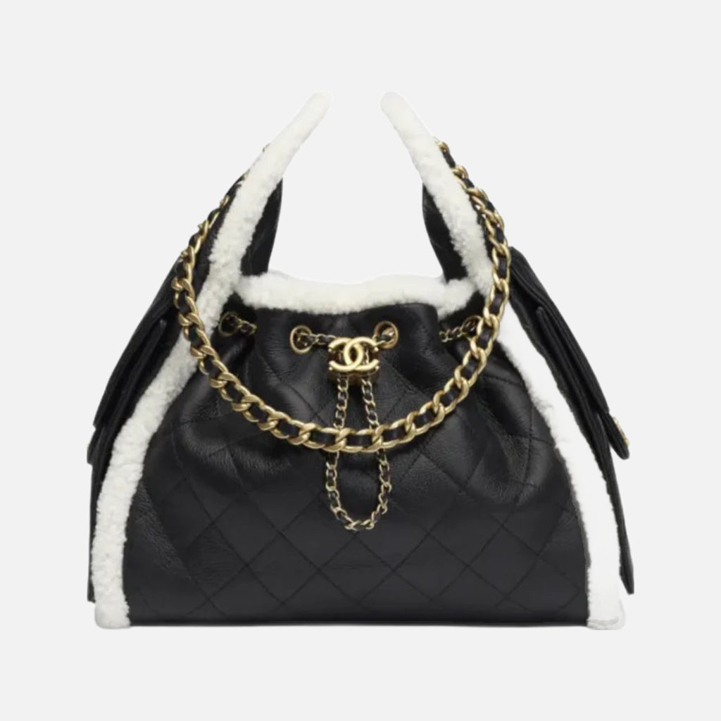 Chanel 25 Small Handbag Crumpled Shearling Sheepskin & Gold-Tone Metal Black & White