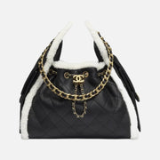 Chanel 25 Small Handbag Crumpled Shearling Sheepskin & Gold-Tone Metal Black & White