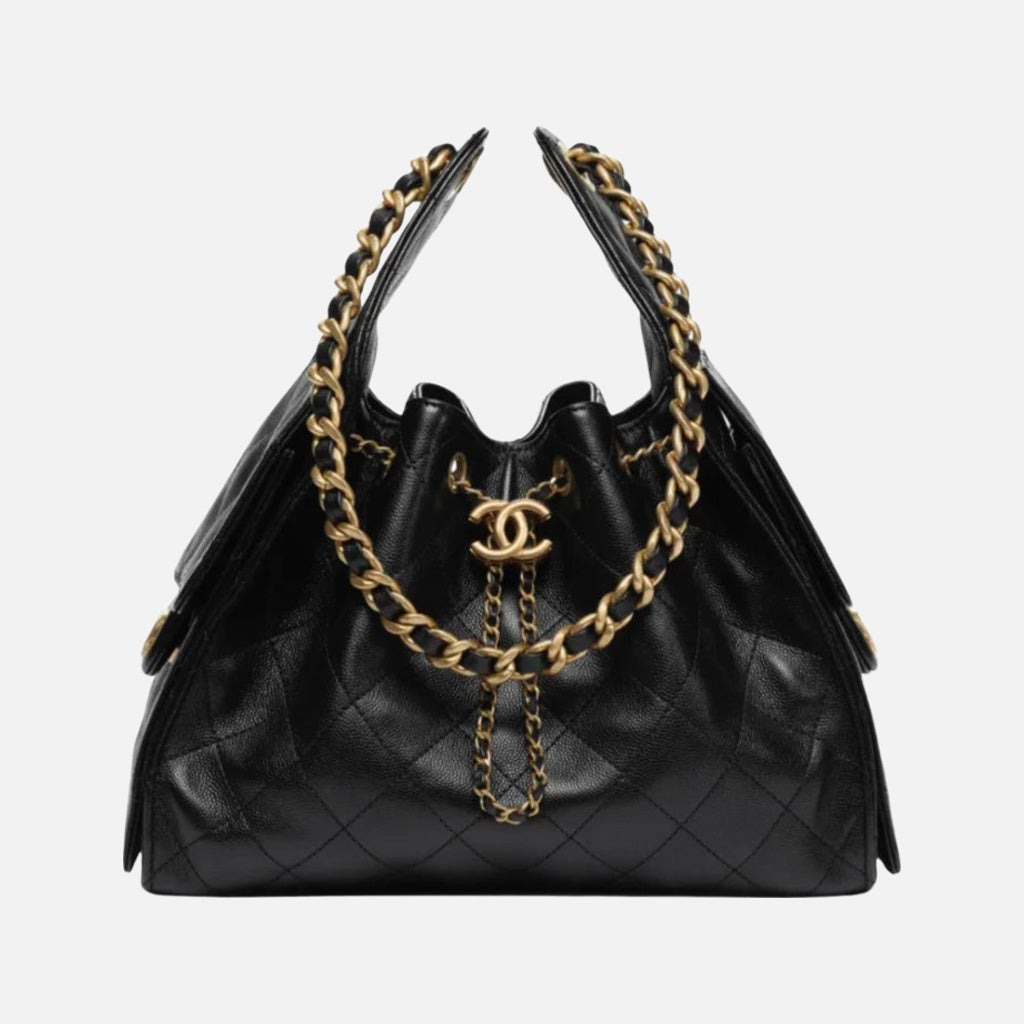 Chanel 25 Small Handbag Hobo Grained Calfskin & Gold Tone Metal Black