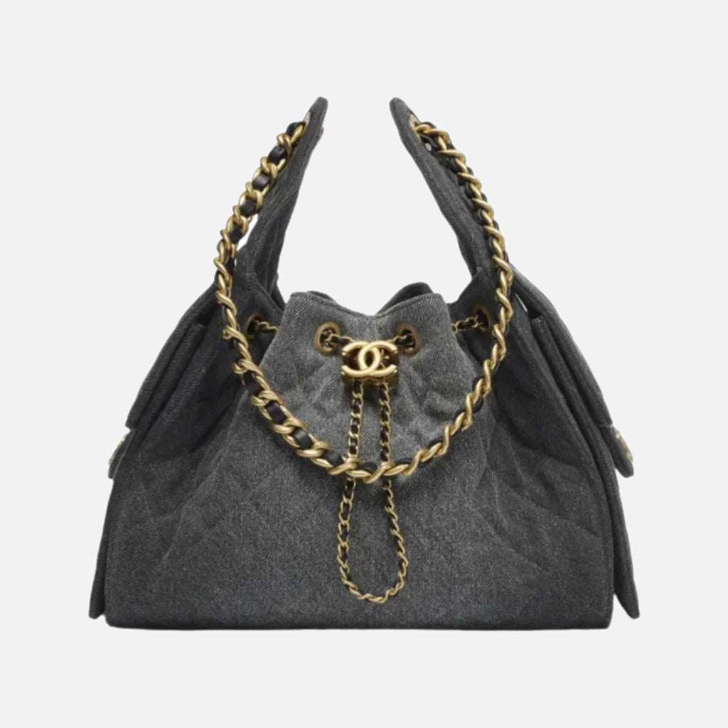 Chanel 25 Small Handbag Hobo Washed Denim & Gold-Tone Metal Black