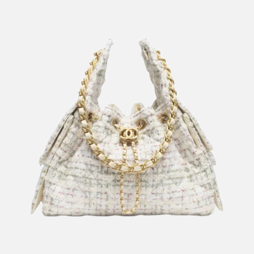 Chanel 25 Small Handbag Hobo Wool Tweed & Gold-Tone Metal Ecru, Khaki, Gold & Red