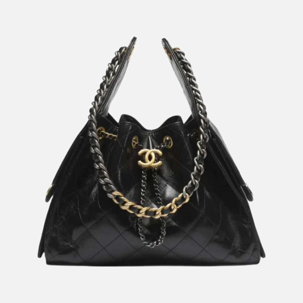 Chanel 25 Small Handbag Shiny Crumpled Calfskin, Gold-Tone & Ruthenium-Finish Metal Black