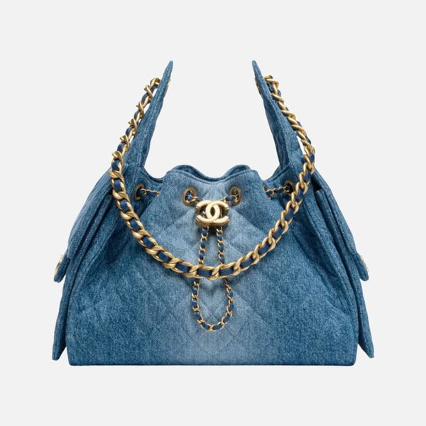 Chanel 25 Small Handbag Washed Denim & Gold-Tone Metal Blue