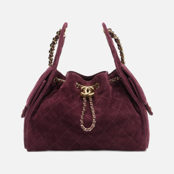 CHANEL 25 Suede Calfskin & Gold Metal Burgundy Small Handbag