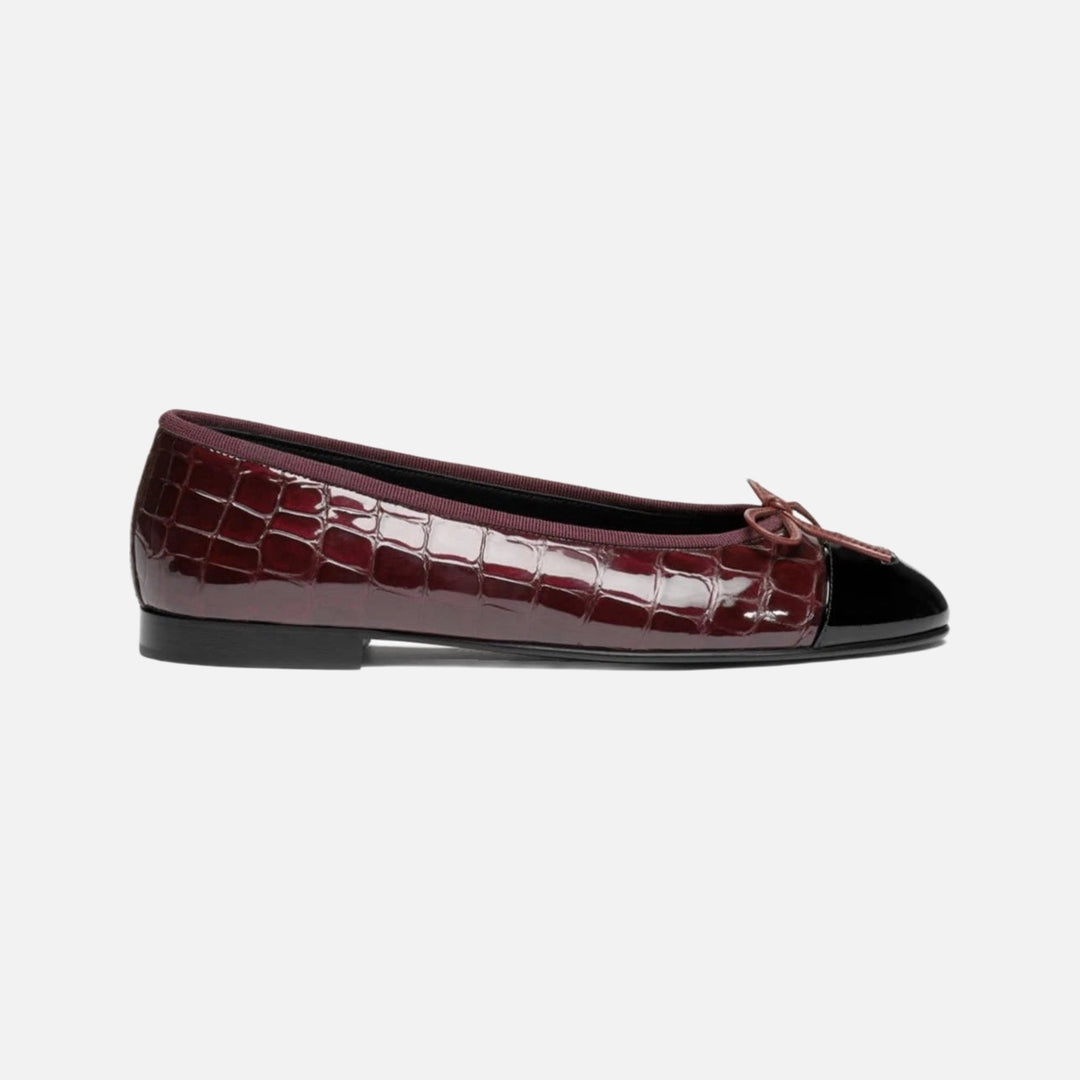 CHANEL 26A Metiers Dark Burgundy Croc Embossed Patent Leather Ballet Flats
