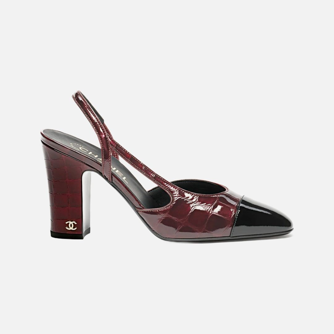 CHANEL 26A Metiers Dark Burgundy Croc Embossed Patent Leather Slingbacks