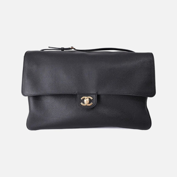 Chanel 26B Matthieu Blazy Maxi Oversized Flap Bag 38.5 (Airport Bag) in Black Grained Calfskin with Gold Hardware