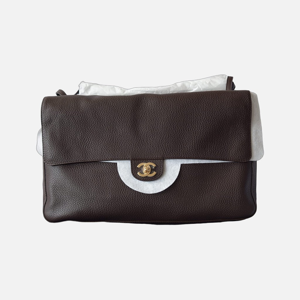 Chanel 26B Matthieu Blazy Maxi Oversized Flap Bag 38.5 (Airport Bag) in Brown Grained Calfskin with Gold Hardware