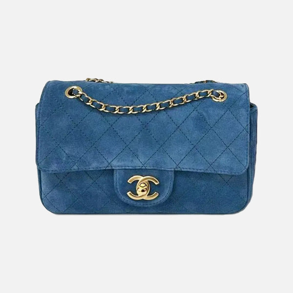 Chanel 26B Mini “Souplissimo” Flap Bag in Blue Suede with Gold Hardware