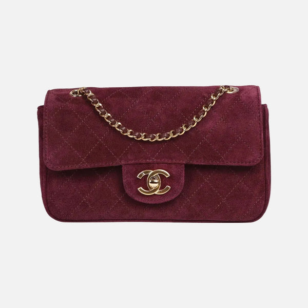 Chanel 26B Mini “Souplissimo” Flap Bag in Burgundy Suede with Gold Hardware