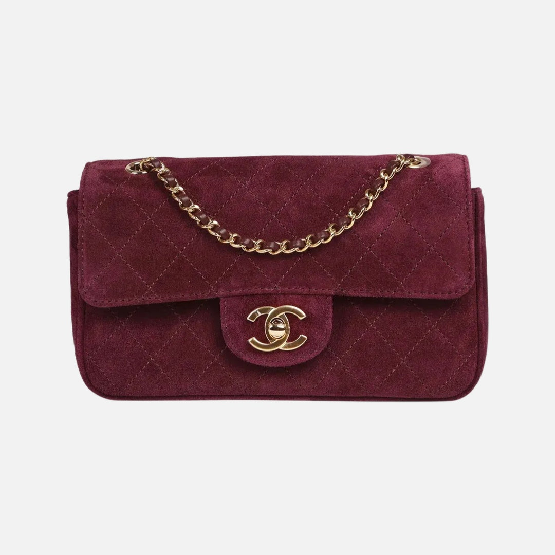 Chanel 26B Mini “Souplissimo” Flap Bag in Burgundy Suede with Gold Hardware