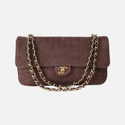 Chanel 26K Crocodile-Embossed Maxi Flap Bag 32 in Brown Suede with Gold Hardware