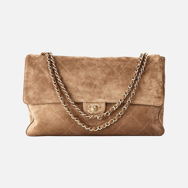 Chanel 26K Maxi Flap Bag 38.5 in Dark Beige Suede with Gold Hardware