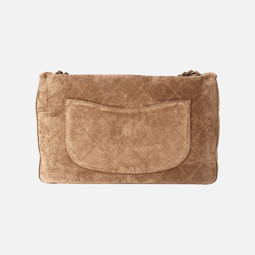 Chanel 26K Maxi Flap Bag 38.5 in Dark Beige Suede with Gold Hardware, back