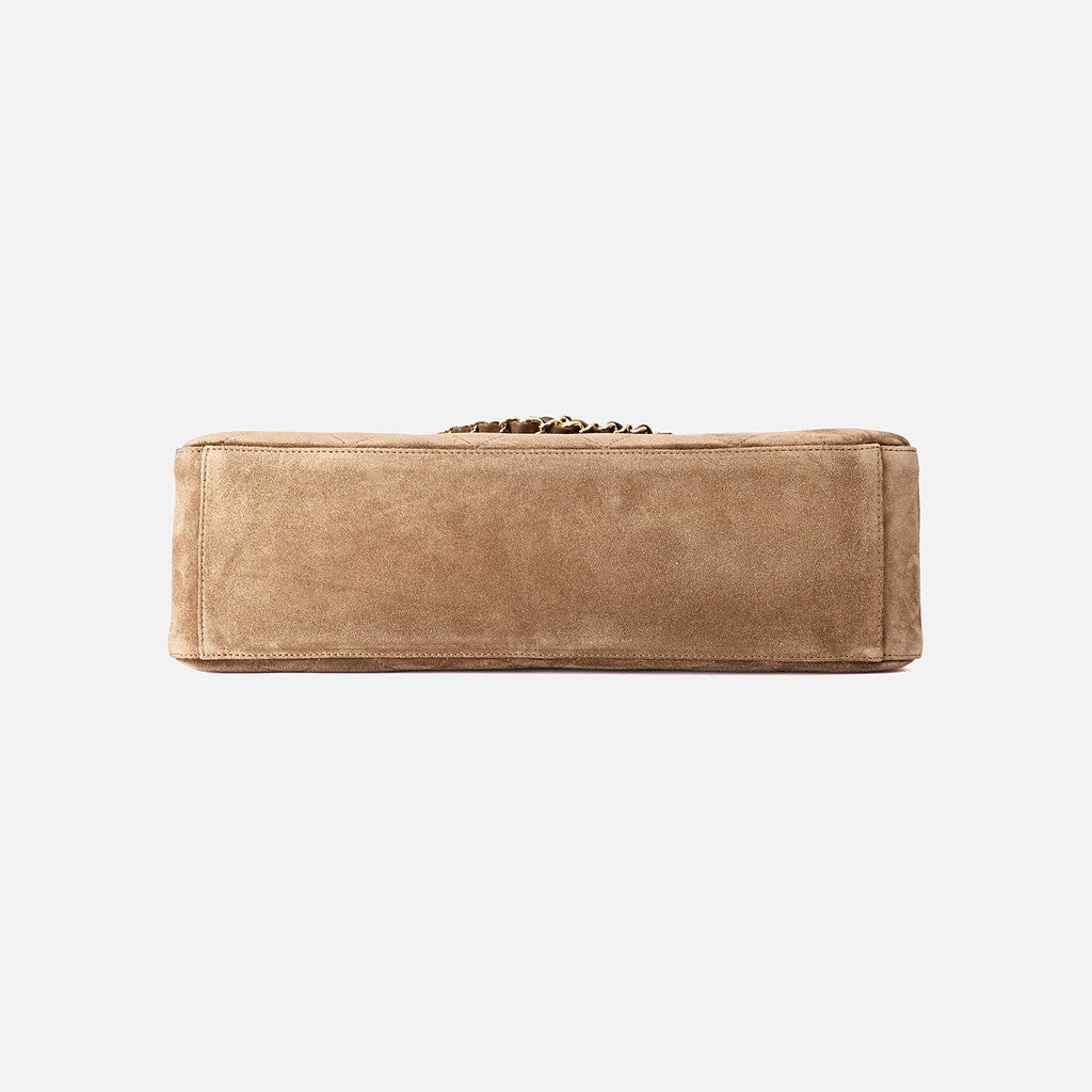 Chanel 26K Maxi Flap Bag 38.5 in Dark Beige Suede with Gold Hardware, base