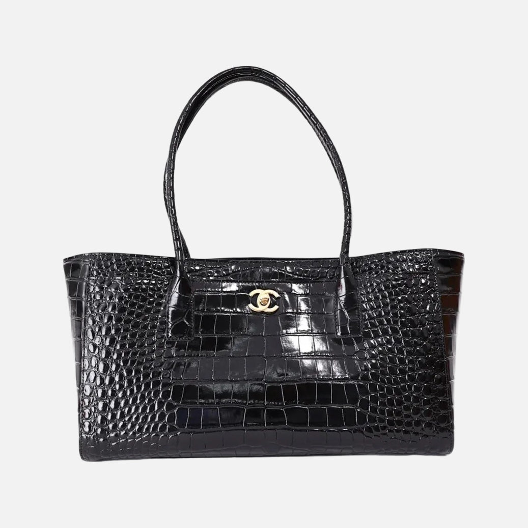 Chanel 26S Matthieu Blazy Crocodile-Embossed Shopping Tote in Black Calfskin with Gold Hardware