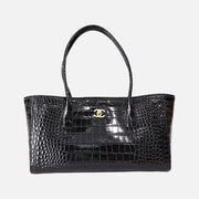 Chanel 26S Matthieu Blazy Crocodile-Embossed Shopping Tote in Black Calfskin with Gold Hardware