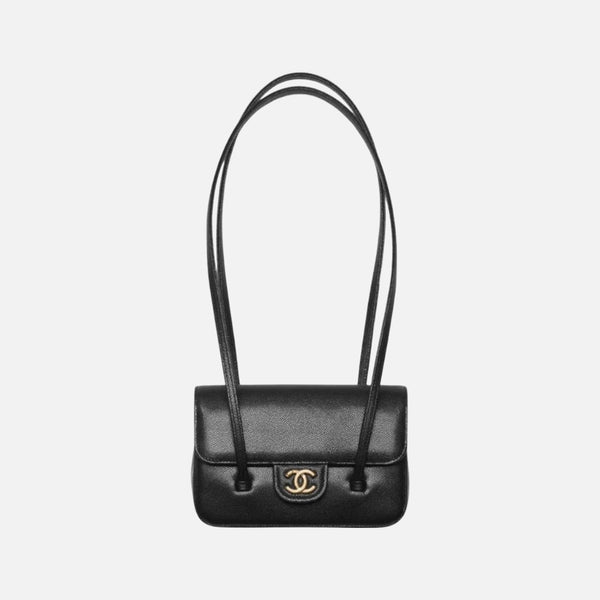 Chanel Clutch with Leather Strap, Mini Preppy Flap Bag Grained Shiny Calfskin & Gold-Tone Metal Black