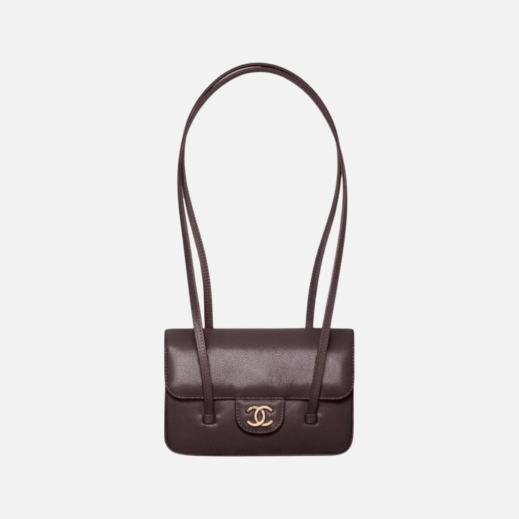 Chanel Clutch with Leather Strap, Small Preppy Flap Bag Grained Shiny Calfskin & Gold-Tone Metal Dark Brown