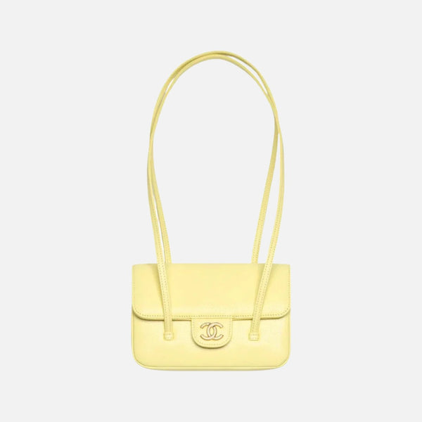 Chanel Clutch with Leather Strap, Mini Preppy Flap Bag Grained Shiny Calfskin & Gold-Tone Metal Light Yellow