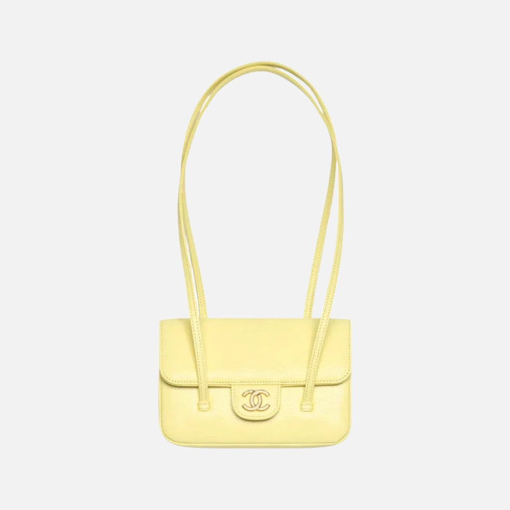 Chanel Clutch with Leather Strap, Mini Preppy Flap Bag Grained Shiny Calfskin & Gold-Tone Metal Light Yellow