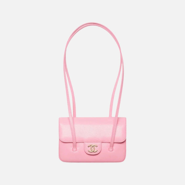 Chanel Clutch with Leather Strap, Mini Preppy Flap Bag Grained Shiny Calfskin & Gold-Tone Metal Pink