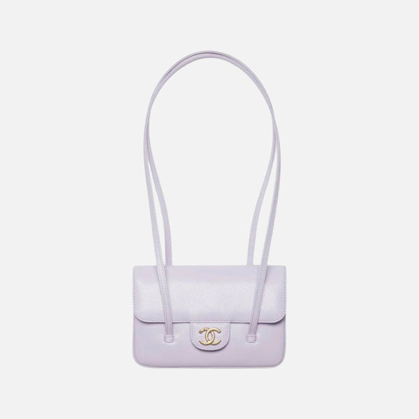 Chanel Clutch with Leather Strap, Mini Preppy Flap Bag Grained Shiny Calfskin & Gold-Tone Metal Purple