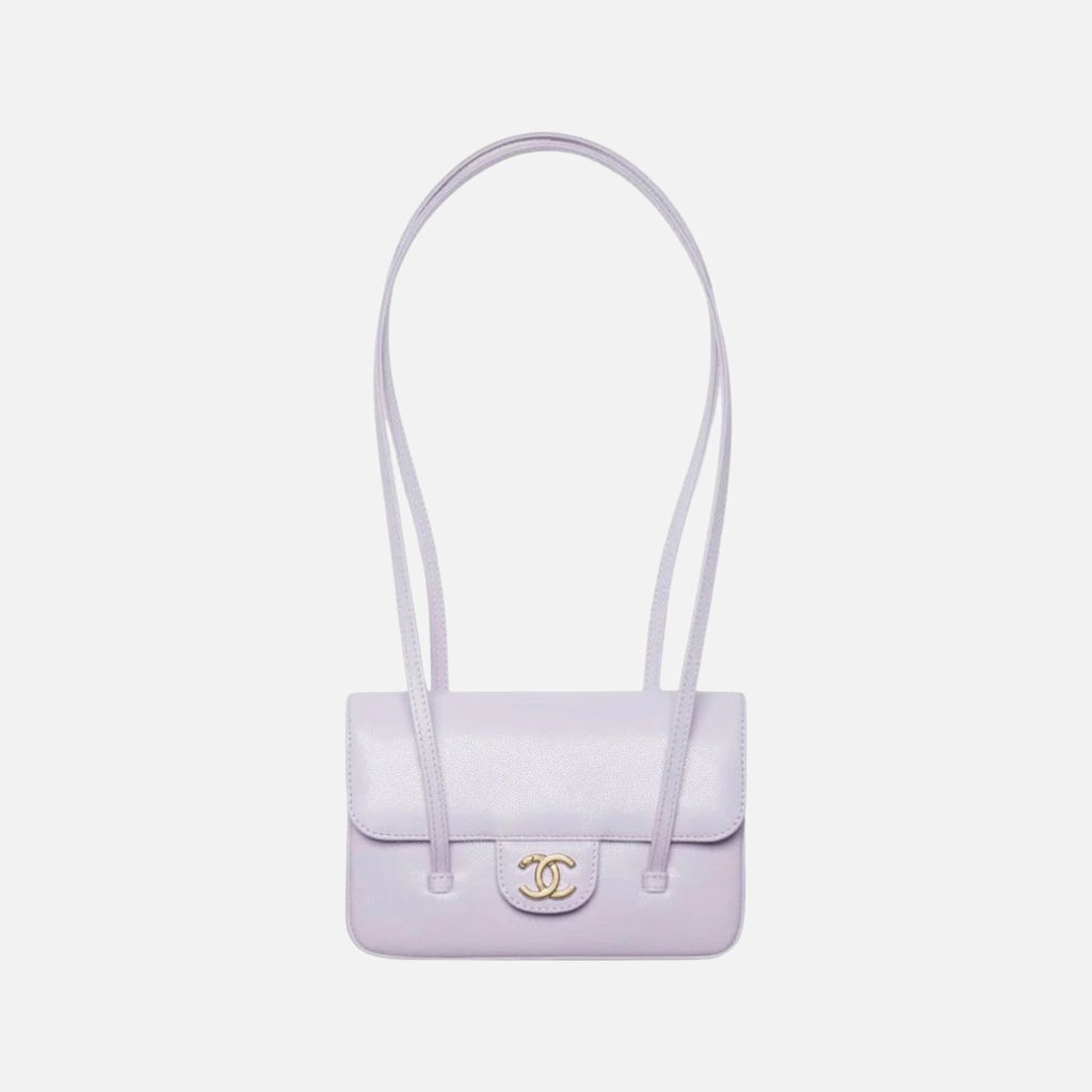 Chanel Clutch with Leather Strap, Mini Preppy Flap Bag Grained Shiny Calfskin & Gold-Tone Metal Purple
