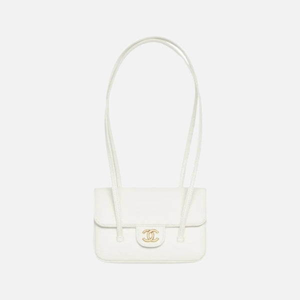 Chanel Clutch with Leather Strap, Mini Preppy Flap Bag Grained Shiny Calfskin & Gold-Tone Metal White