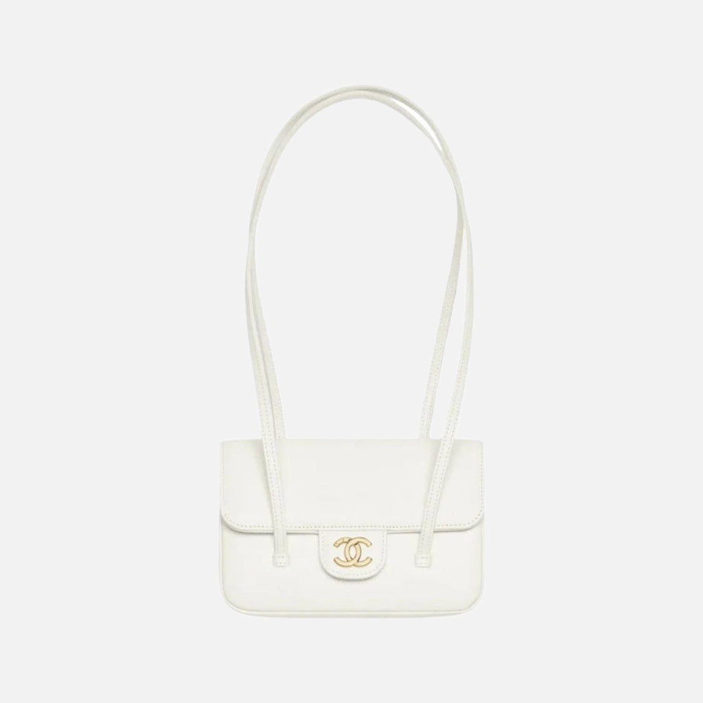 Chanel Clutch with Leather Strap, Mini Preppy Flap Bag Grained Shiny Calfskin & Gold-Tone Metal White