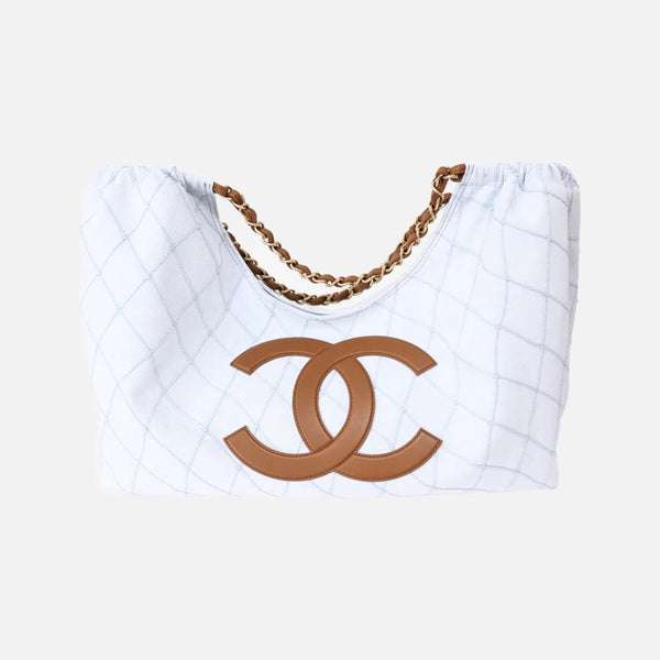 Chanel Coco Beach 2026 Denim Quilted Tote Bag with Brown Leather CC