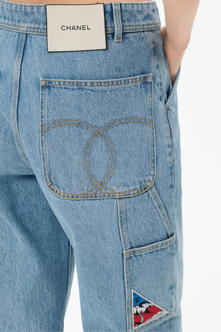 Chanel Coco Neige Carpenter Jeans in Light Blue Denim, CC stitched back pocket