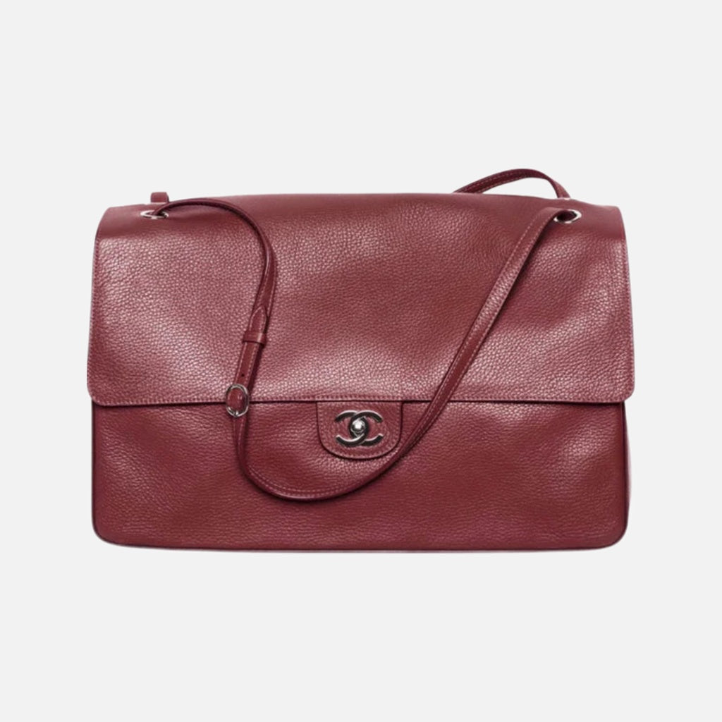 Chanel Grained Calfskin & Silver Metal Dark Burgundy Maxi Flap Bag