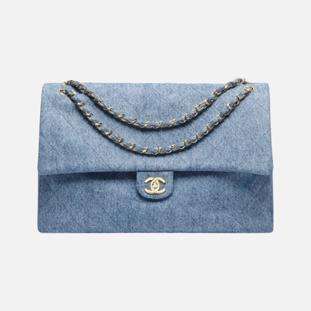 Chanel Maxi Flap Bag Washed Denim & Gold-Tone Metal Blue