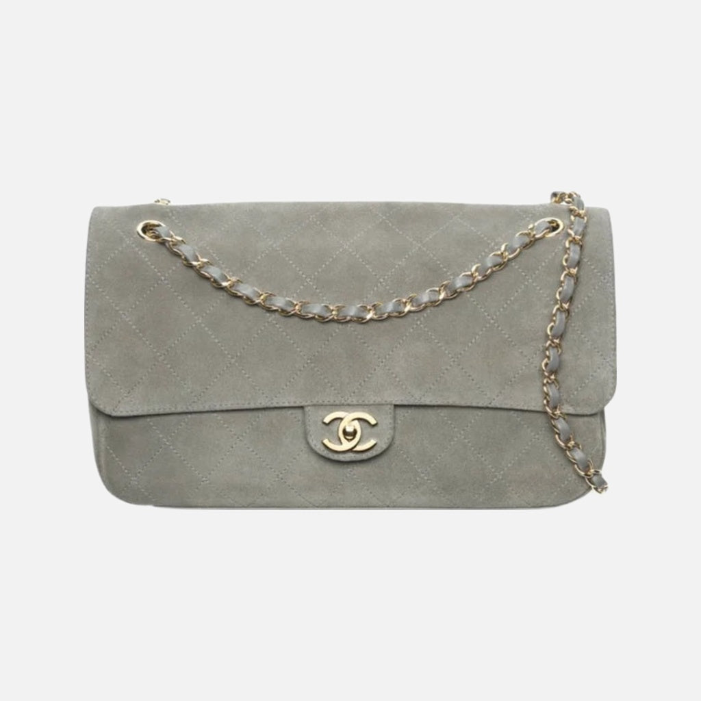 Chanel Maxi Flap Bag Suede Calfskin & Gold Metal Dark Grey